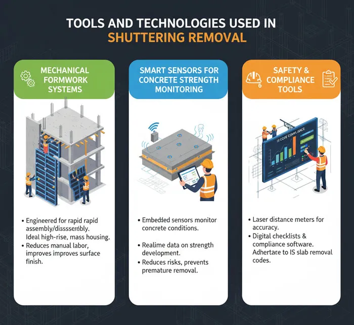 Shuttering Removal Time in Concrete Construction: Slabs, Beams, Columns & Staircase Guide 6 Tools and Technologies Used in Shuttering Removal